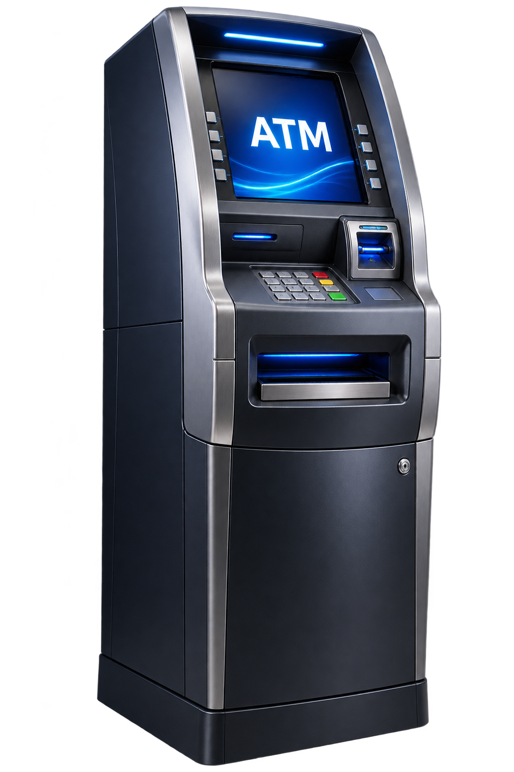 Original illustration of a modern freestanding ATM; not an actual model or installation