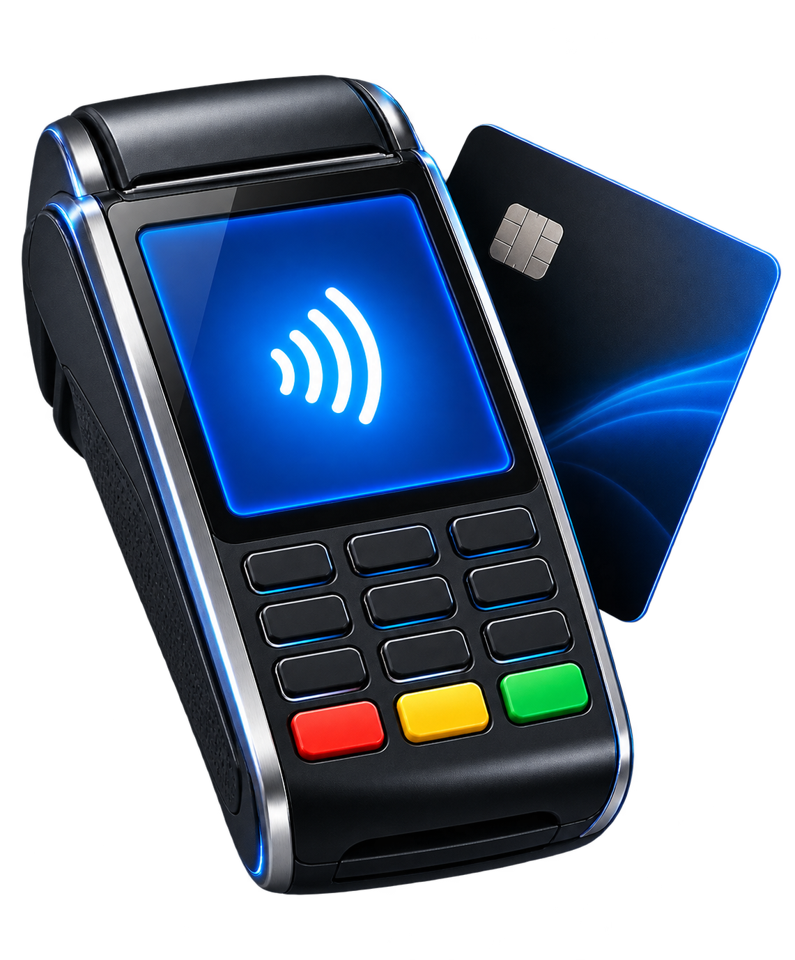 Original illustration of a contactless payment terminal and blank card; merchant services coming soon